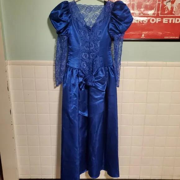 Vintage Royal Blue 80s Long Sleeve Lace A Line Prom Party Dress Women's Size 12 - Picture 10 of 15